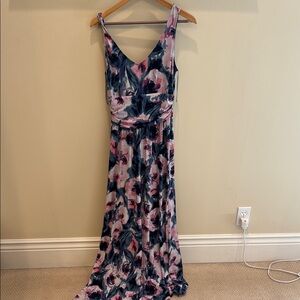 London Times Blue and Pink Sleeveless V-Neck Maxi Sundress